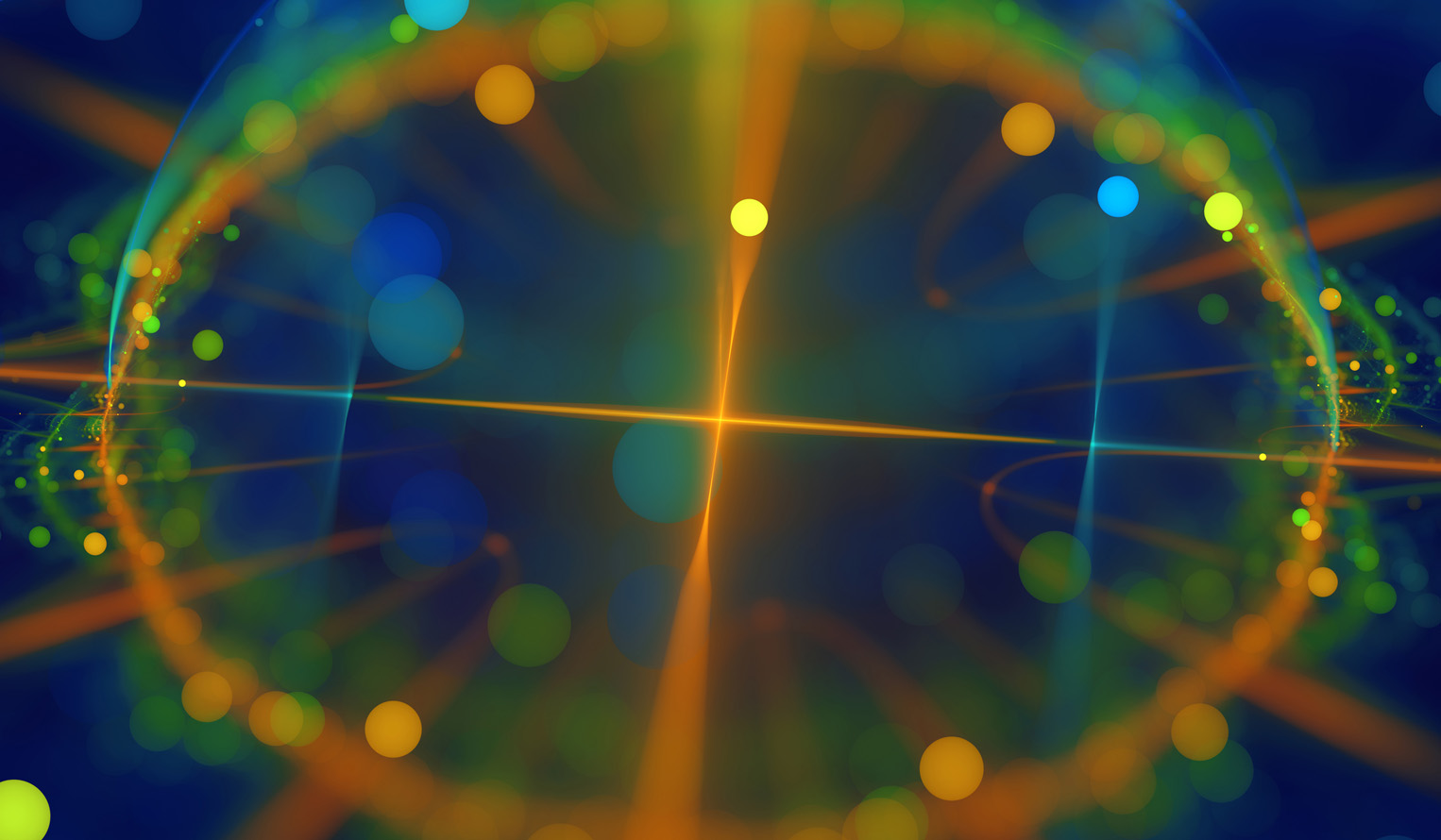 abstract interpretation of a compass drawn in gold lines with sparkling points of light in blue, green and gold