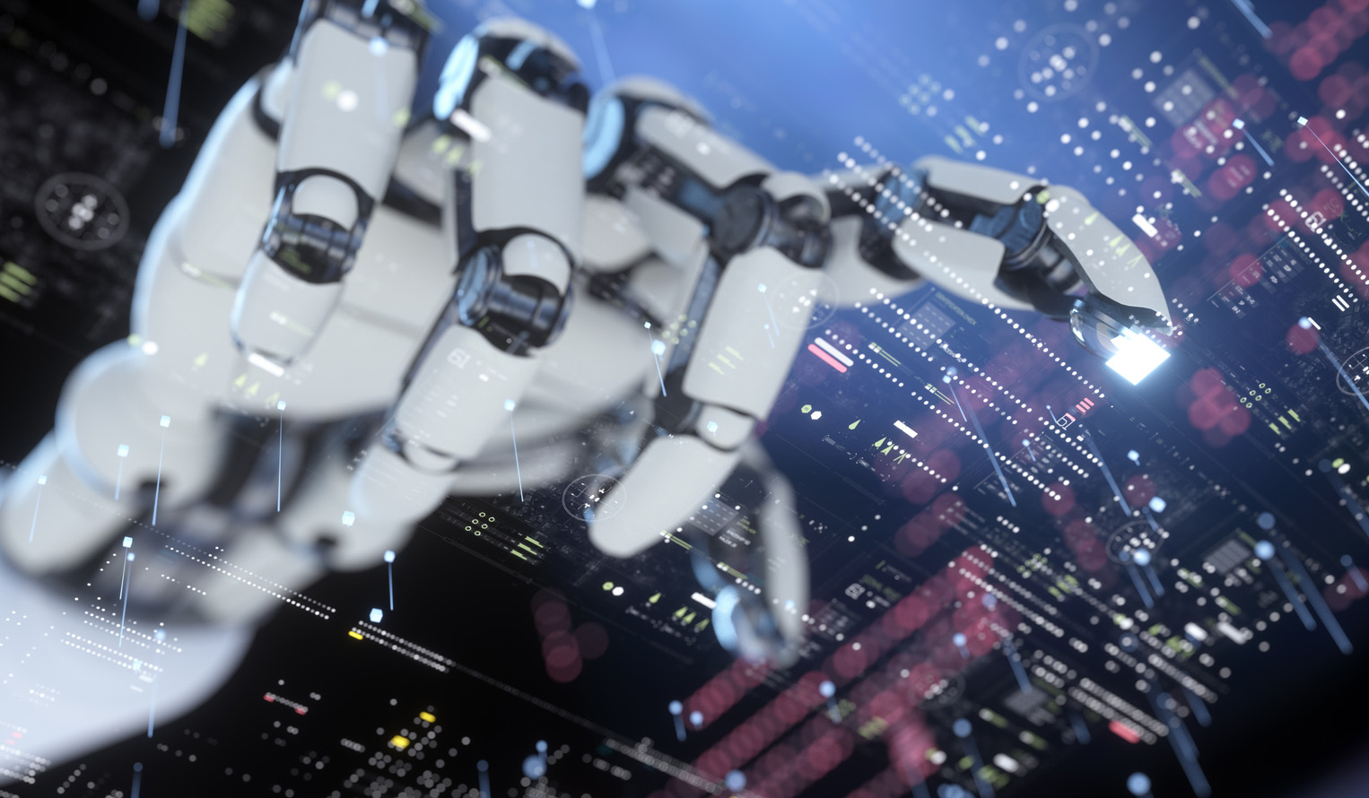 a robotic AI hand hovering over a screen of data